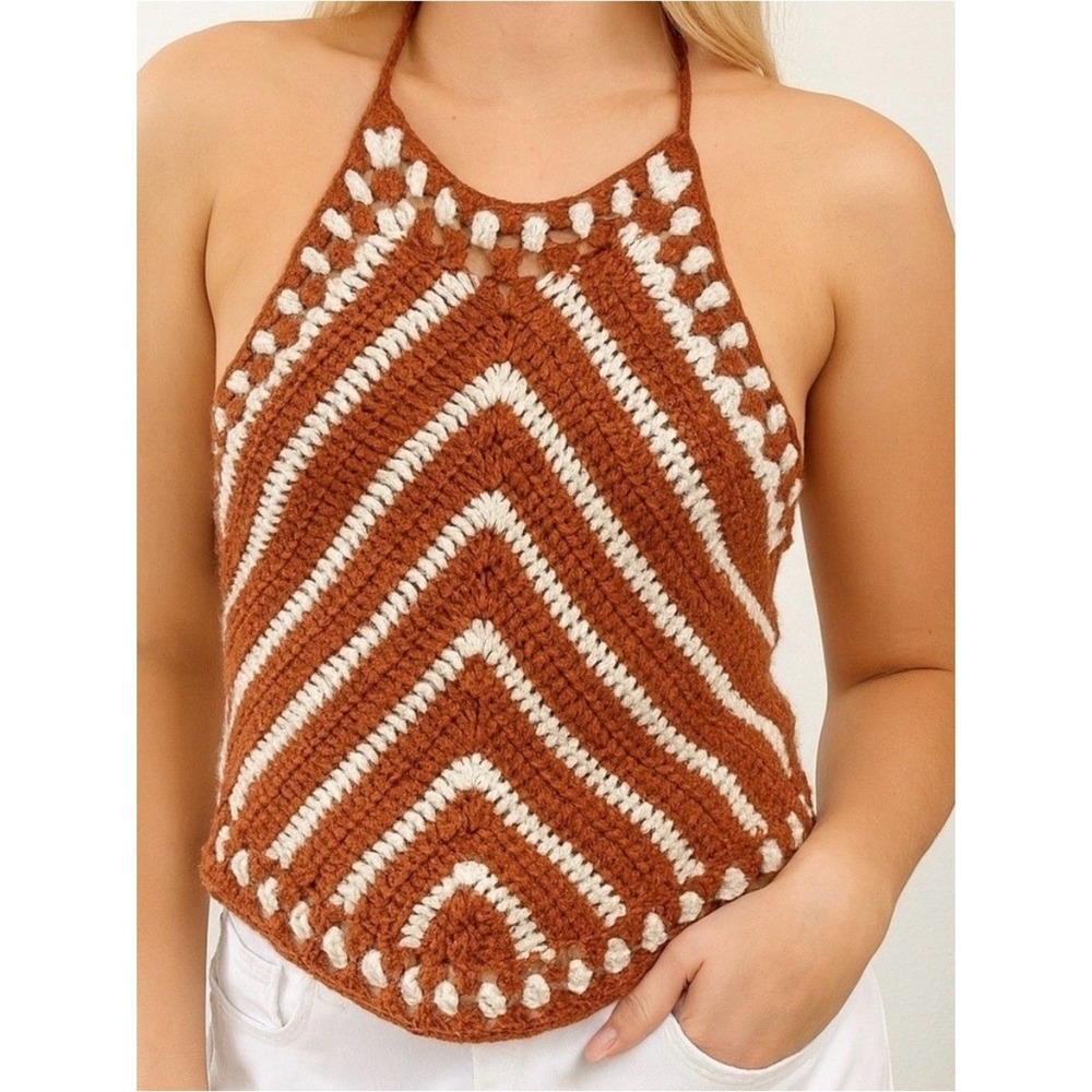 Sans Souci Crochet Halter Top Rust Orange Cream Chevron Boho Festival S/M NWT
